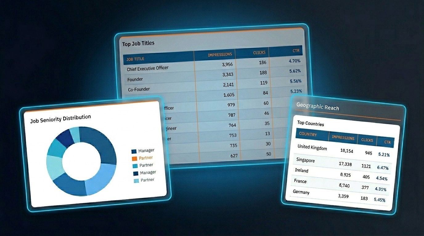LinkedIn campaign analytics showing job titles, seniority distribution, and geographic reach