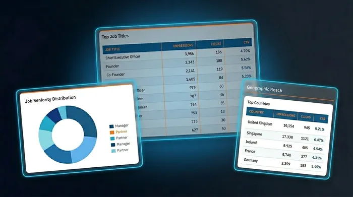 LinkedIn campaign analytics showing job titles, seniority distribution, and geographic reach