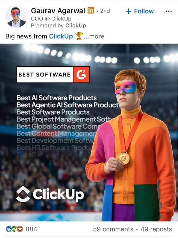 LinkedIn boosted post by Gaurav Agarwal, COO at ClickUp, promoted in the feed